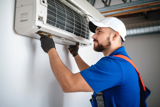 HVAC technician installing a mini split air conditioner in Hayward