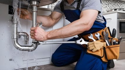 Plumber repairing pipes beneath a sink in Hayward